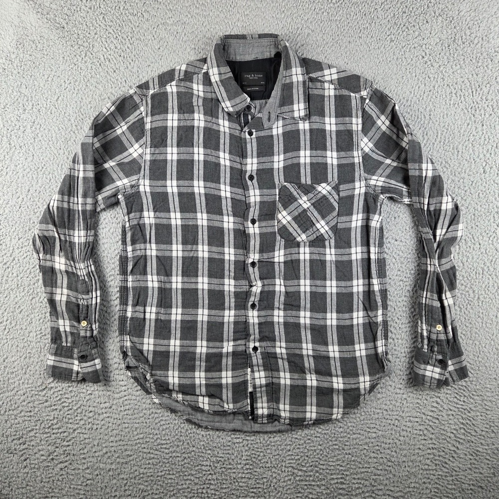Rag & Bone Shirt Mens M Fit 3 Black Gray Plaid Flannel Long Sleeve Button Woven